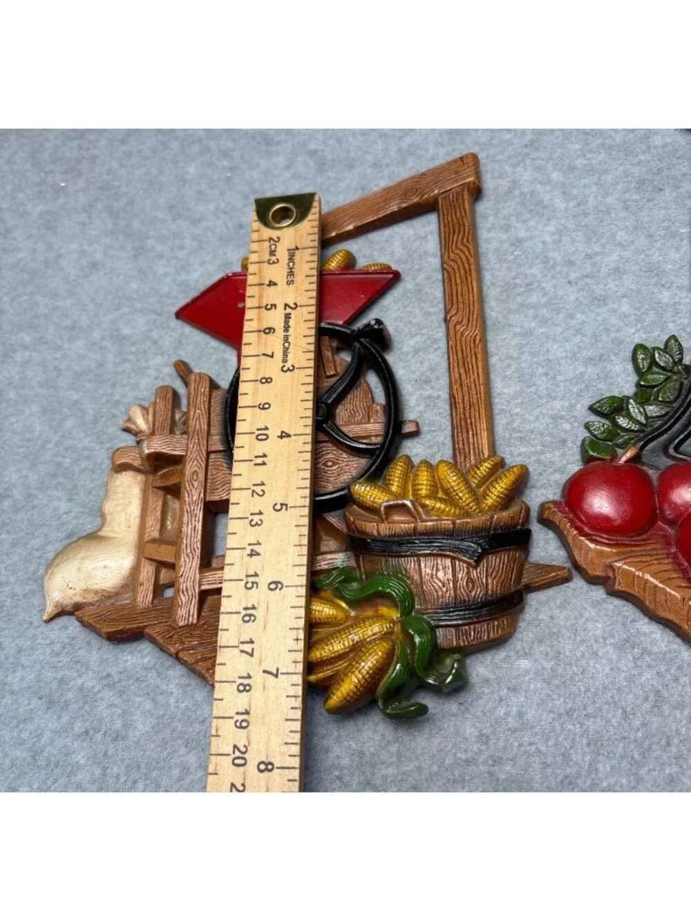 1978 HOMCO 3D Cast Metal Wall Hangings Set Corn Grinder Apple Cider Press Rustic